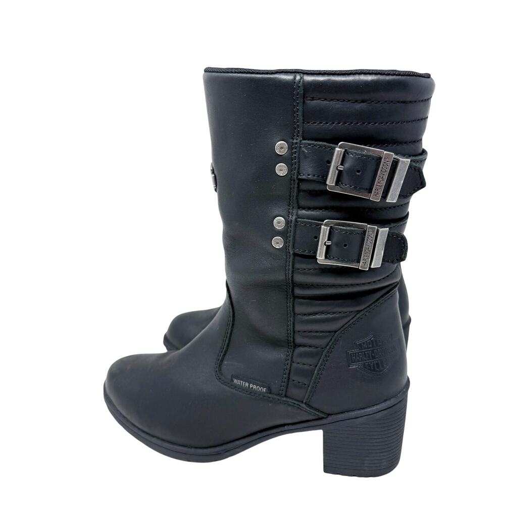 Harley-Davidson Black Leather Moto Boots Women's Sz 9 Quilted Detail Waterproof - Picture 3 of 11